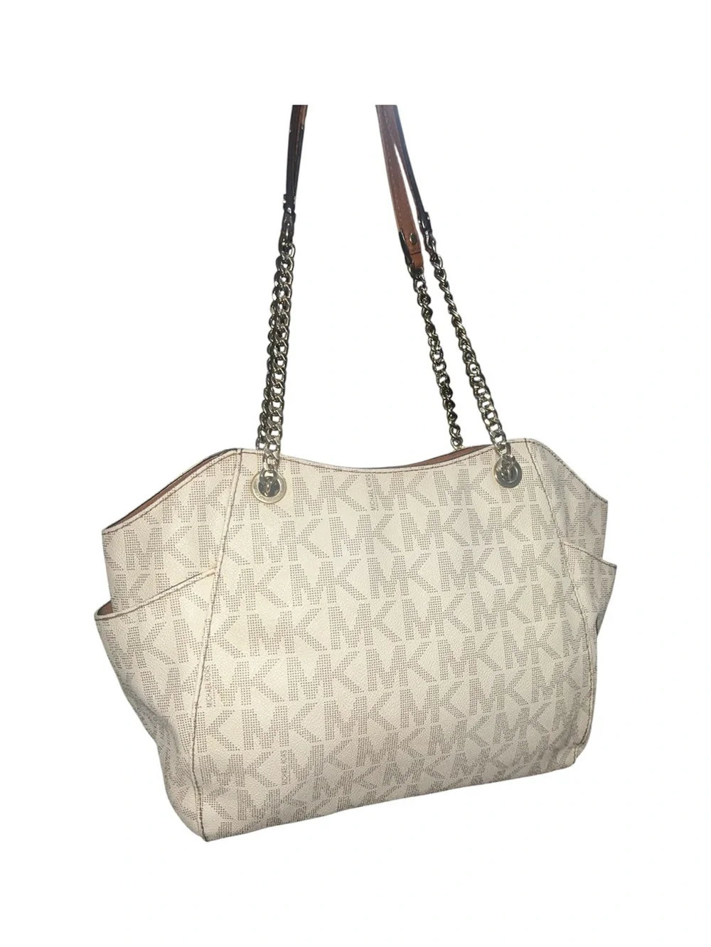 Michael Kors Jet Set Large Chain Shoulder Tote Vanilla Monogram Cream Gold Bag - Picture 3 of 7